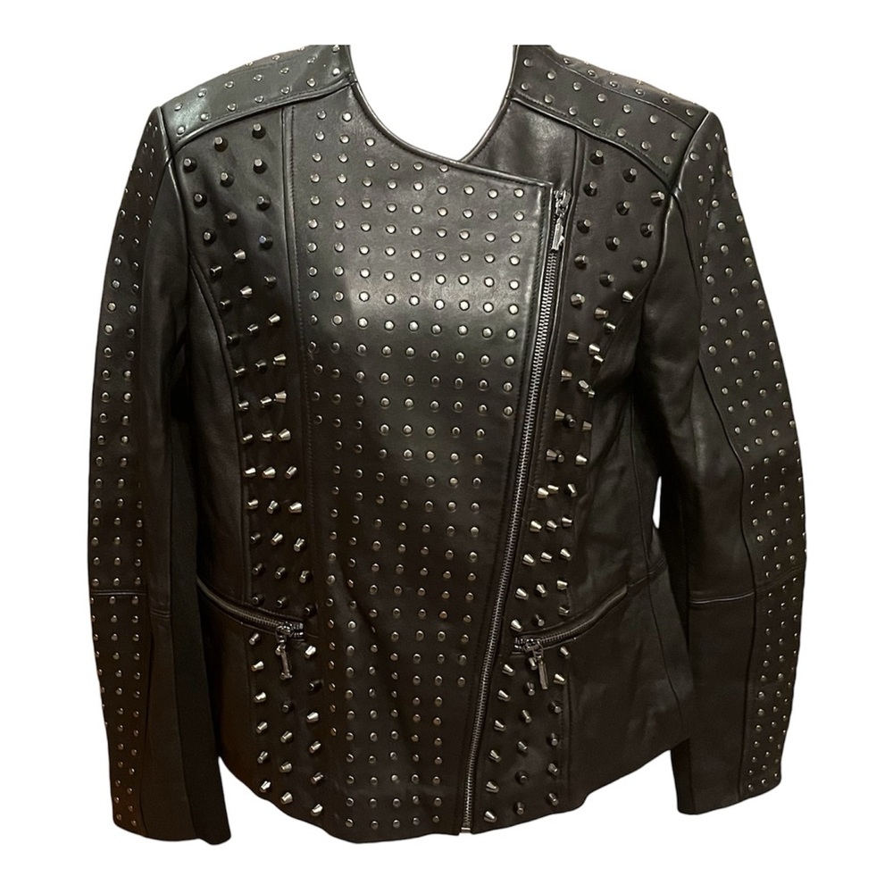 H By Halston Black Leather Studded Moto Jacket New Size 8